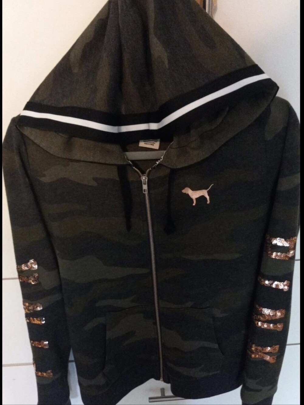 VICTORIA'S SECRET PINK CAMOUFLAGE CAMO ROSE GOLD BLING FULL ZIP HOODIE SIZE M